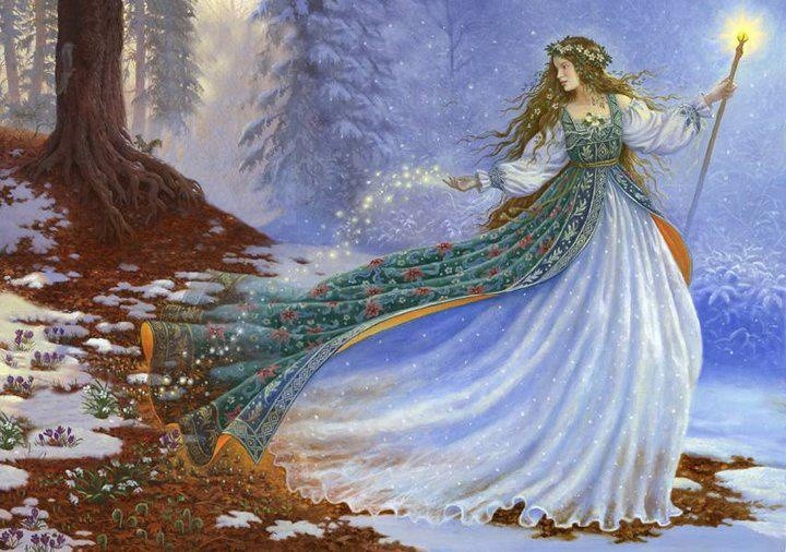 arboles con nieve
una imagen de una diosa que lleva un vestido blanco y con adornos florales
y va dejando tras de sí un rastro de lucecitas que caerán a la tierra